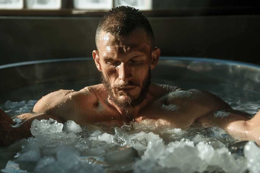 Man immersed in an ice bath